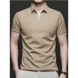 Men's Summer Short-Sleeve Collar Knit Shirt - Breathable V-Notch Blouse, Machine-Washable Casual & -Casual Tunic Top, Color-Blocking Trim (Short T) for Spring/Summer - In Stock 2518