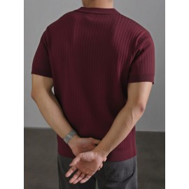 Men'S Summer Fashion Rib-Knit Polo Shirt | Short Sleeve, Lapel Collar, Rayon, Medium Stretch, Solid Color, Ideal for Business Travel and Casual Social Events