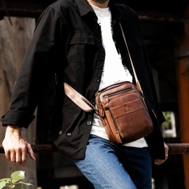 Double-layer business crossbody bag, portable shoulder bag casual bag, unisex Genuine Leather crossbody, top layer Genuine Leather square bag, Genuine Leather single-shoulder handbag